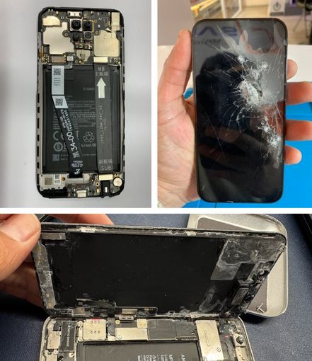 collage showing a phone with a smashed screen