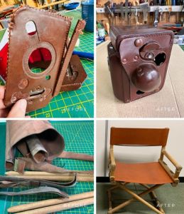 Pair of leather directors chairs one before being repaired and one after restoration