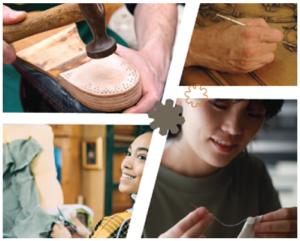 Collage of images showing repair businesses at work from an upholsterer working on a chair, a seamstress repairing some clothing, a cobbler putting the sole on a shoe and a woodwork restorer working on some detailing on a wooden desk.
