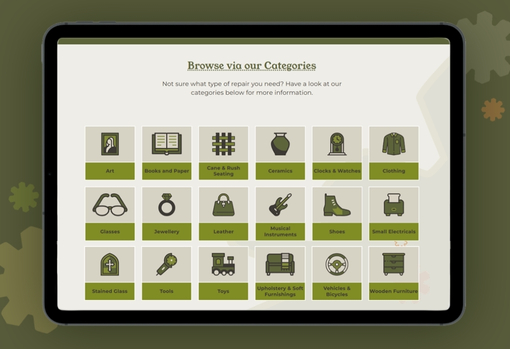 categories-image The We Are Repairs Find a Repairer category page showing the graphic icons and buttons for each of the 18 Categories of homeware repairs available.