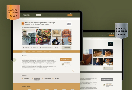 membership-profiles Examples of the Featured Repairer and Premium Repairer profile pages for repair businesses shown on a tablet.
