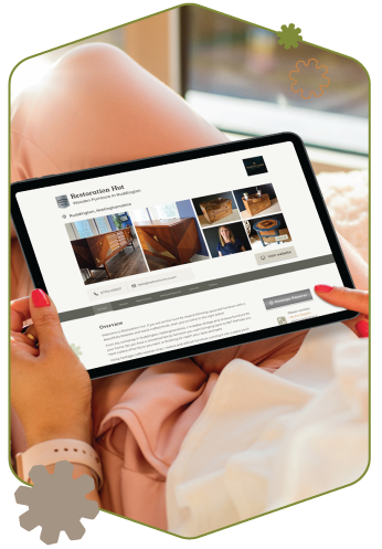 Woman using her tablet to look at a We Are Repairs Premium repair business profile page to find a trusted repairer to fix her sideboard.