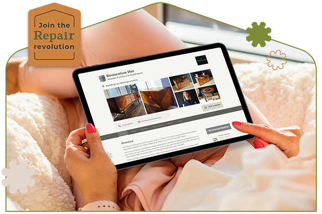 Woman using her tablet to look at a We Are Repairs Premium repair business profile page to find a trusted repairer to fix her sideboard.