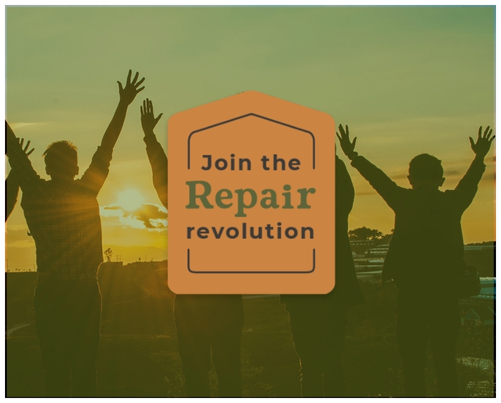 An orange Join the Repair Revolution badge on a background of five people with their hands in the air silhouetted against a setting sun.