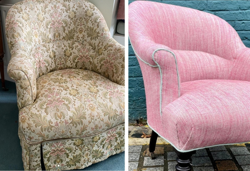 fast-furniture05 On the left a before picture of a dated armchair in a cream floral fabric. On the right a picture after reupholstery of the same armchair in a gorgeous pink fabric with contrast blue trim.