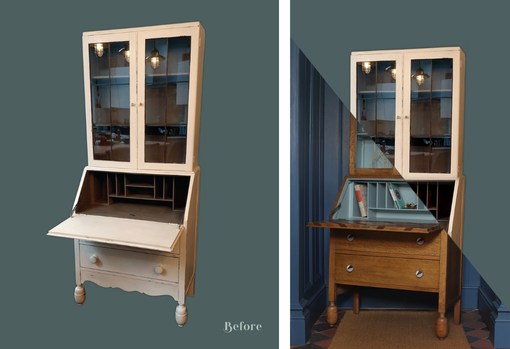 fast-furniture07 A tall bureau with glazed doors above an open fold down desk.