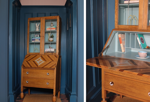fast-furniture08 A newly refurbished tall bureau back in its new home with wood dye detailing and sage green painted detailing.