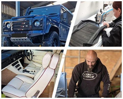 Group of pictures clockwise from top left a landrover car, an upholsterer sewing leather car seats on an industrial sewing machine, Tom founder of Steaming Leather in his workshop & a cream leather car interior.