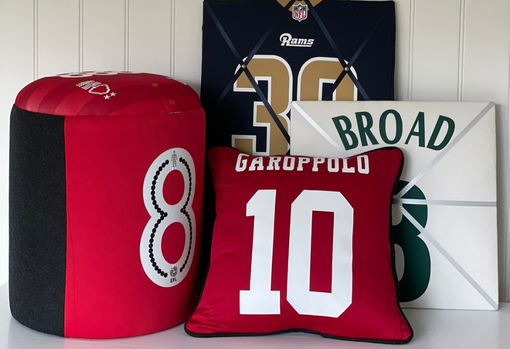 A Footstool made using a Nottingham Forest football shirt, Memoboards made from sports shirts and a cushion with a Number 10 shirt