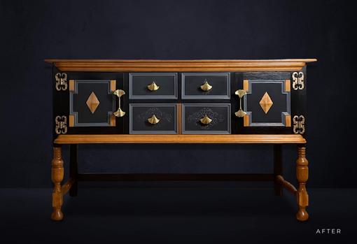 Sideboard post renovation Wooden sideboard after restoration with painted detailing