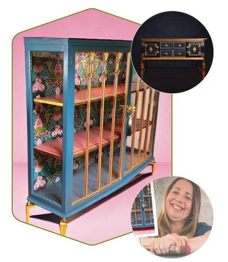 Examples of Creampot Furnishings projects including a restored display cabinet. The cabinet has been painted in a deep blue with a floral patterned wallpaper on the back panel.