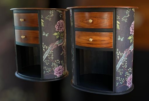 round chest of drawers wrapped with floral paper