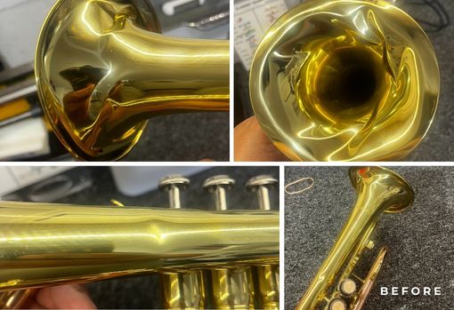 british-music-service05 A badly dented and damaged trumpet is dropped off at the workshop