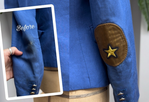 Blazer sleeve repaired with stylised patch