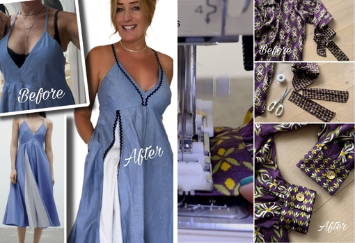 Sarah works on altering a dress and blouse