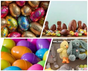 Pile of Easter chocolates and plastic Easter decorations