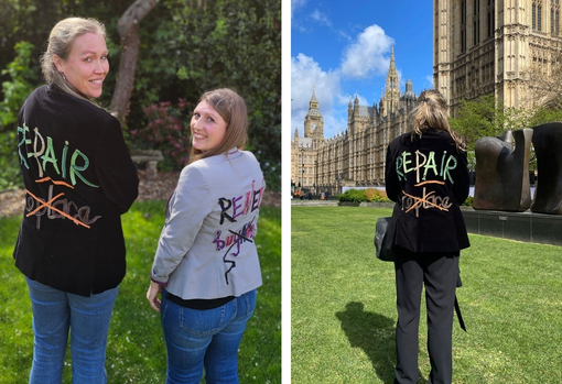 Gem wearing her jacket outside Parliament