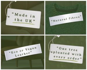 A selection greenwashing statements includinhg Made in the UK, Natural Fibres, Vegan Leather
