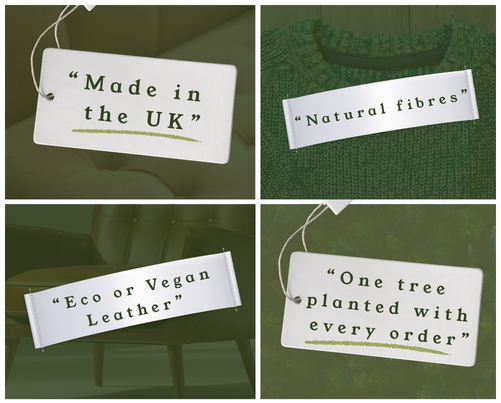 A selection greenwashing statements includinhg Made in the UK, Natural Fibres, Vegan Leather