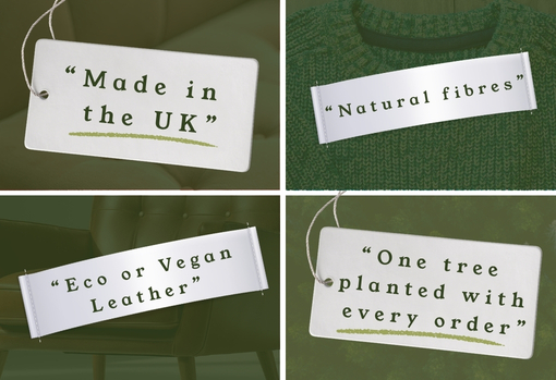 A selection greenwashing statements includinhg Made in the UK, Natural Fibres, Vegan Leather