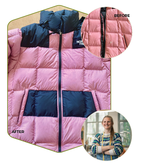 A before and after of an outdoor jacket. The Before shows the jacket covered in holes. The After shows the jacket expertly patched and repaird.