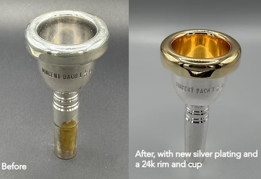 Before and After of a mouthpiece which has been serviced by Ron at British Music Service
