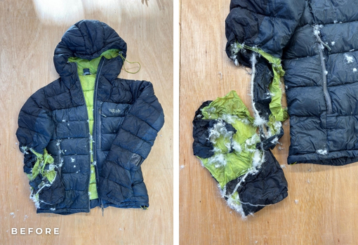 before-of-green-lined-rab-jacket-09 A rab jacket was brought into Snowdonia Gear Repair for fixing after being chewed up and torn by the customer's dog