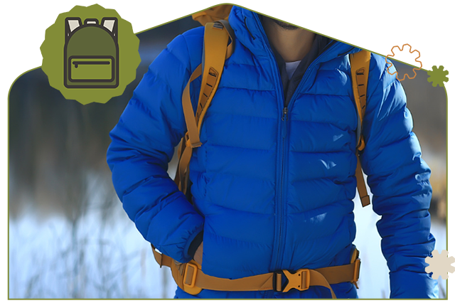category-outdoor-gear-mobile Mobile image of Blue down jacket and orange backpack showcasing the Outdoor Gear Repair category