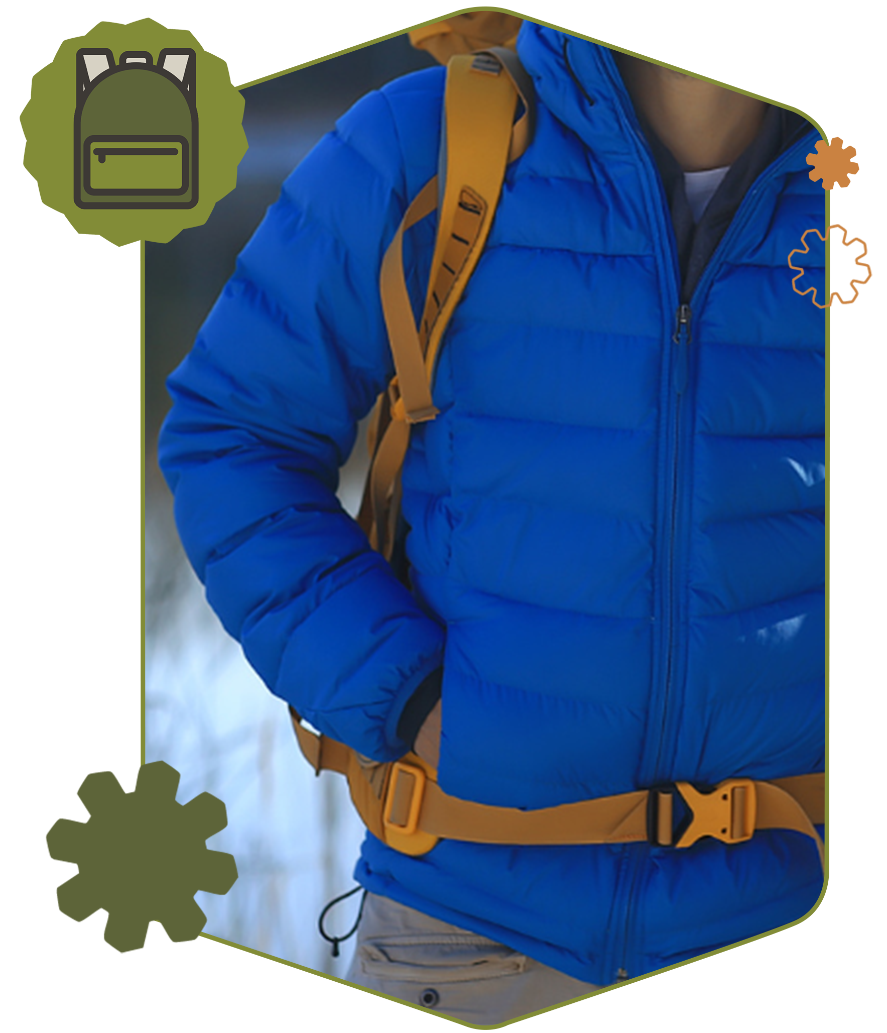 category-outdoor-gear Blue down jacket and orange backpack showcasing the Outdoor Gear Repair category