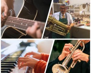 A selection of people playing a variety of instruments including a guitar and trumpet