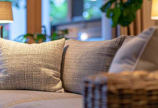 Close up of a cream sofa piled with cushions in softly lit sitting room
