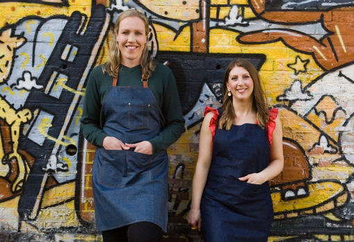 Gem and Ally wearing their aprons, leaning against the workshop wall